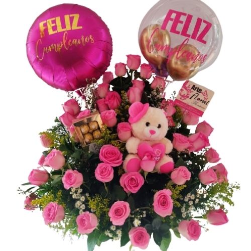 Rosas fuscias, peluche, chcolate ferreros floristeria cali