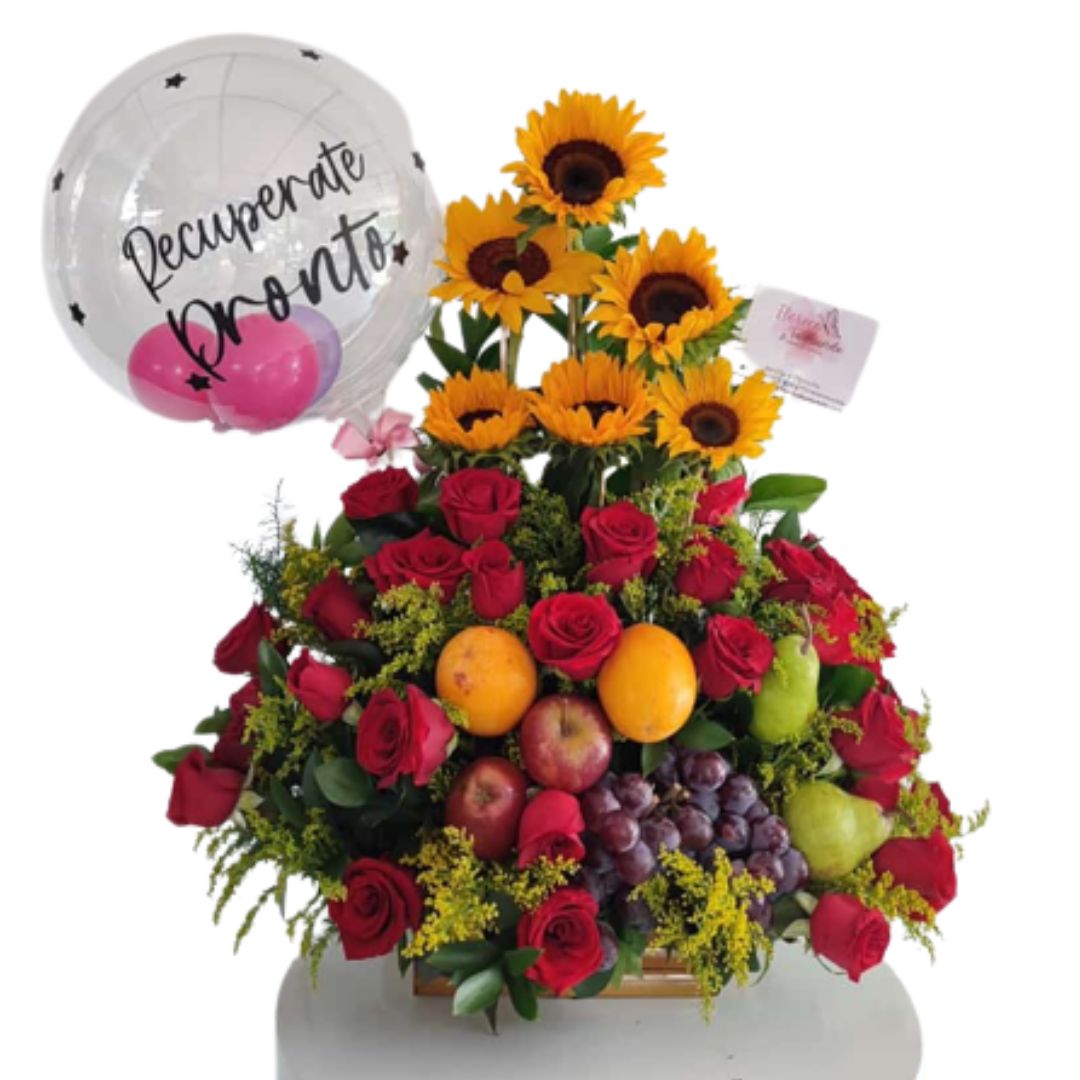 Arreglo con frutas, girasoles, rosas rojas floristeria cali