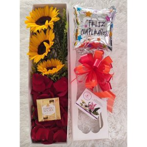 Caja de girasoles y chocolates